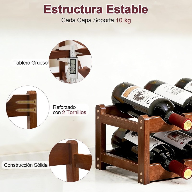 Porta Vinos de Madera 2 Niveles, Estante para Botellas