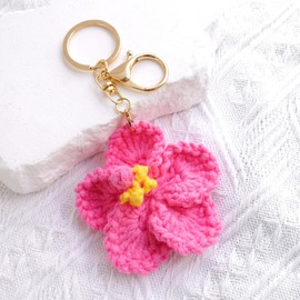 Sakinre Crochet Hibiscus Keychain for Women, Cute Hawaiian Flower Charm with Keyring for Bag, Key Chain Accessories Gifts (Rose Pink)