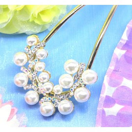 Miaomyao Hair Ornament, Japanese Dress, Pearl, Bijou, Flower, U-Comb, Yellow, Gold, Hair Accessory