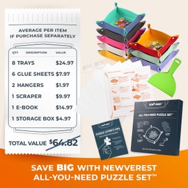 Newverest All-You-Need Puzzle Set: 8 Puzzle Sorting Trays for up to 2000 Pieces, 6 Glue Sheets, 1 Large Scraper & 2 Adhesive Hangers in Gift-Ready Packaging – Must-Have Saver Kit for Puzzle Lovers