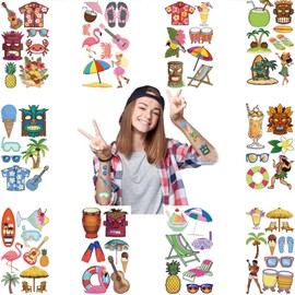 80PCS Temporary Tattoos, 10 Sheets Summer Temporary Tattoos for Kids Teens Adults, Hawaii Tattoo for Birthday Party Favors, Supplies, Decorations