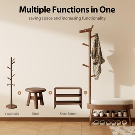AQIMUELE Coat Rack Freestanding, Wooden Shoe Bench with Coat Rack and Storage for Entryway, (Walnut)