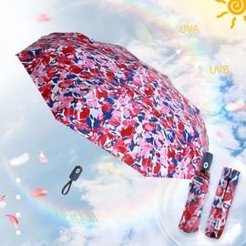 FDJASGY UV Sun Umbrella Compact Folding Travel Umbrella Auto Open Close Compact Folding Rain Umbrellas for Women Men Blocking UV 99.98% Peony