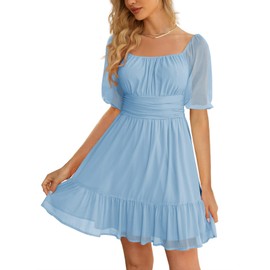 Wenrine Womens Puff Short Sleeve Mini Dress Mesh Square Neck High Waist Ruffle Hem Flowy Party A Line Dress Light Blue