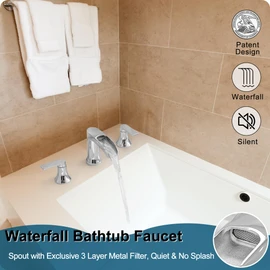 HOIGY Chrome Deck Mount Tub Faucet 3 Hole, Brass Widespread Waterfall Bathtub Faucet 2 Handle 8-16 Ins Bath Tub Faucets Set High Flow Faucet for Bathtub
