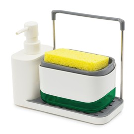 Fineway 3-in-1 Automatic Refillable Soap Dispenser Set with Sponge Holder, White Sink Caddy Organiser for Kitchen & Bathroom (White)