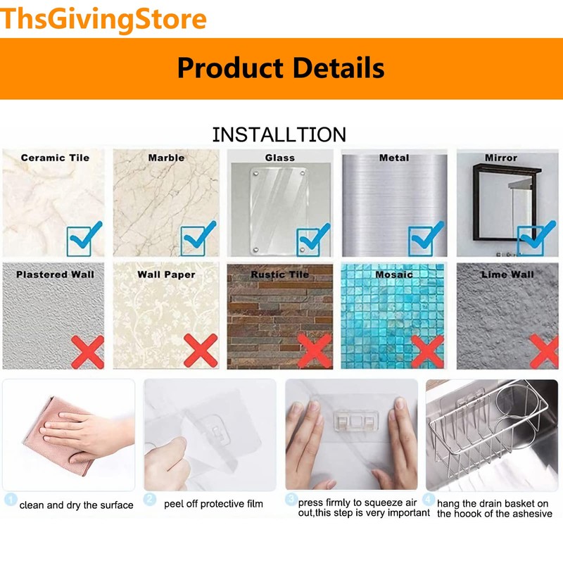 ThsGivingStore Suction Sink Sponge Holder with Brush Holder, 2-in-1 Adhesive
