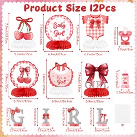 ArowlWesh Red Bow Baby Girl Party Honeycomb Centerpieces, It’s a Girl Bow Coquette Baby Shower Table Decoration, Gender Reveal Party Supplies Pregnancy Announcement Table Topper Birthday Display