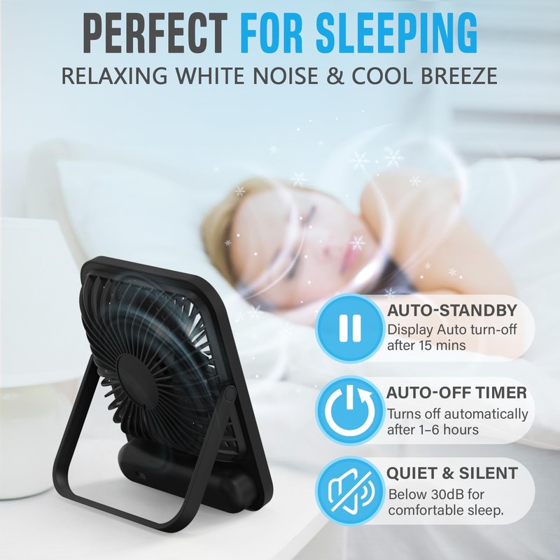 Small Travel Fan For Sleeping, USB-C Rechargeable Battery Powered Personal