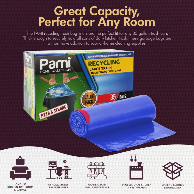 PAMI Recycling Tall 13-Gallon Kitchen Drawstring Trash Bags- Extra-Strong Plastic