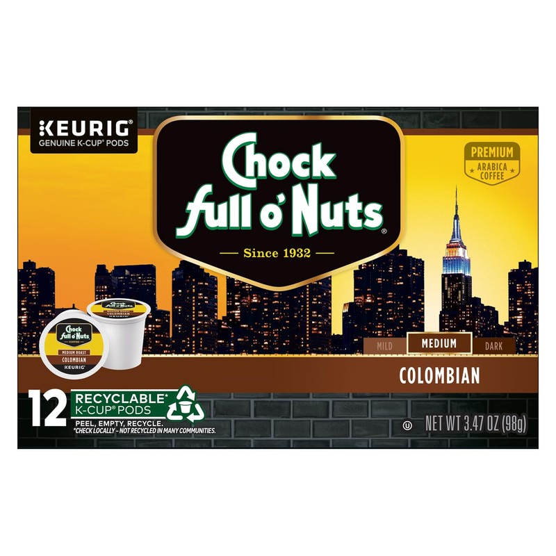 Chock Full o'Nuts Colombian Coffee, Compatible with Keurig K-Cup Pods,