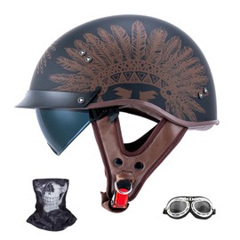 JQF Gear Retro Motorcycle Helmets for Men Women Open Face Helmets Sun Visor Quick Release Buckle MM107 DOT Approved Half Face Crusier Helmet (Chiefs Crown, XL)