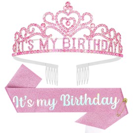 Araluky Pink Birthday Crown Adult Woman & Glitter It's My Birthday Sash for Women Birthday Tiara for Women Princess Tiara Birthday Hat Birthday Headband for Parties Favors Pink Birthday Decorations