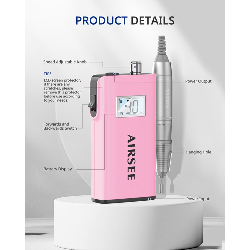AIRSEE Rechargeable 30000RPM Electric Nail Drill Professional Portable E File