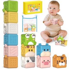 BOBOBELL Animal Soft Gel Stacking Block Set, with Numbers, Animals and Fruit Patterns, Soft Silicone Touch Toys, Suitable for Infants and Toddlers Aged 18 Months to 3 Years, for Play in The Bath.