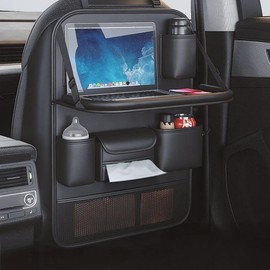 Beruyu Leather Car Backseat Organizer with Foldable Table Tray, Car Seat Back Protector Kick Mats with Tablet Holder, Travel Accessories Storage Organizer (1 Pack)