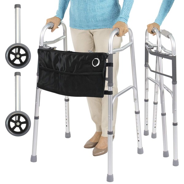 Vive Mobility Folding Walker for Seniors (with Wheels & Bag) - Rolling Rollator - Narrow, Foldable, Lightweight - Medical Front Wheeled Support - for Adults, Handicap, Elderly (with Black Bag)
