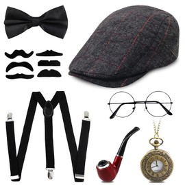 1920s Men's Accessories, 20s Gangster Costume, Men's Accessories Mafia Gatsby Costume Set, Panama Hat Elastic Braces Moustache and Pocket Watch Cigar
