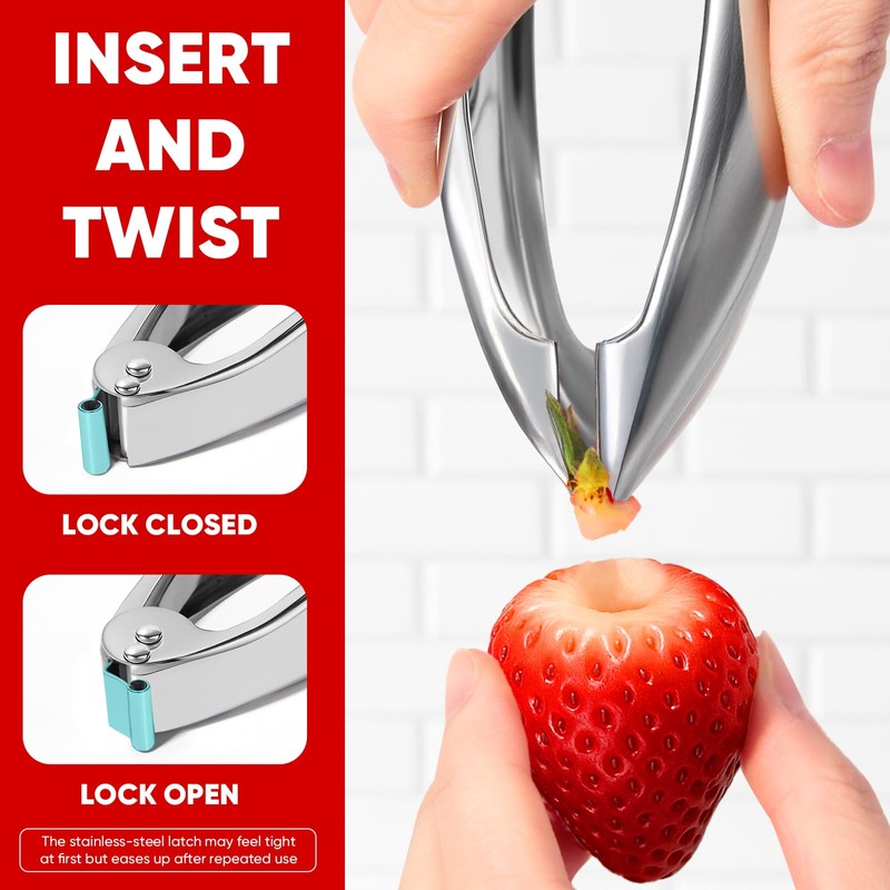 Strawberry Huller, 304 Food-Grade Stainless Steel Stem Remover with Safety