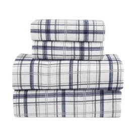 Lodge & Linen Flannel Sheets Queen Size Rich Cotton -High GSM Flannel Bed Sheet Deep Pockets - Warm & Cozy Flannel Sheet Set for All Seasons (Plaid on Chambray)