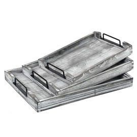VERGOODR Country Rustic Torched Wood Nesting Breakfast Serving Trays with Handles, Set of 3 (white Grayish)