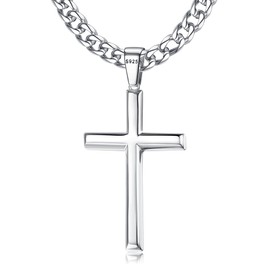 Roheafer 925 Sterling Silver Cross Pendant Necklace for Men Women with 5 mm Stainless Steel Diamond Cut Figaro Chain/Cuban Chain 18K White Gold Plated Cross Necklace 46-76 cm, Lead, stainless steel
