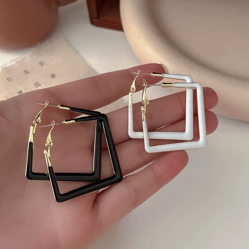 Big Square Geometric Hoop Earring Multicolor Enamel Round Dangle Drop