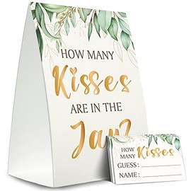 Guess How Many Kisses Are in the Jar Game (1 Standing Sign + 50 Guessing Cards),Greenery Golden,Bridal Shower Sign,Baby Shower Sign - XH18
