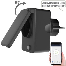 Luminea Home Control Zeitschaltuhr außen WLAN: Smarte WLAN-Outdoor-Steckdose, Energiekostenmesser, 16A, IP44, schwarz (Zeitschaltuhr Digital WLAN, Zeitschaltuhr über App steuern, Weihnachtsdeko)