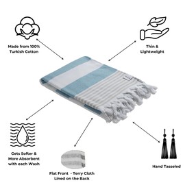 InfuseZen Terry Cloth Lined Turkish Bath & Beach Towel – Marine Stripe Design - 100% Organic Turkish Cotton - Soft, Lightweight, Absorbent - Quick Dry for Beach, Bath, Throw, Travel - Gray/Turquoise