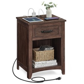 VASAGLE Farmhouse Nightstand with Charging Station, Bedside Table with Drawer, Open Compartment, Side Table with Storage, for Bedroom, Maroon Brown ULET659K51