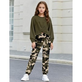 NECIOUS Girls Fall Outfits 2 Piece Girls' Clothing Sets Fashion Twist Front Sweatshirt Camo Pants Kids Girls Clothes 5t Girls Clothes Size 6