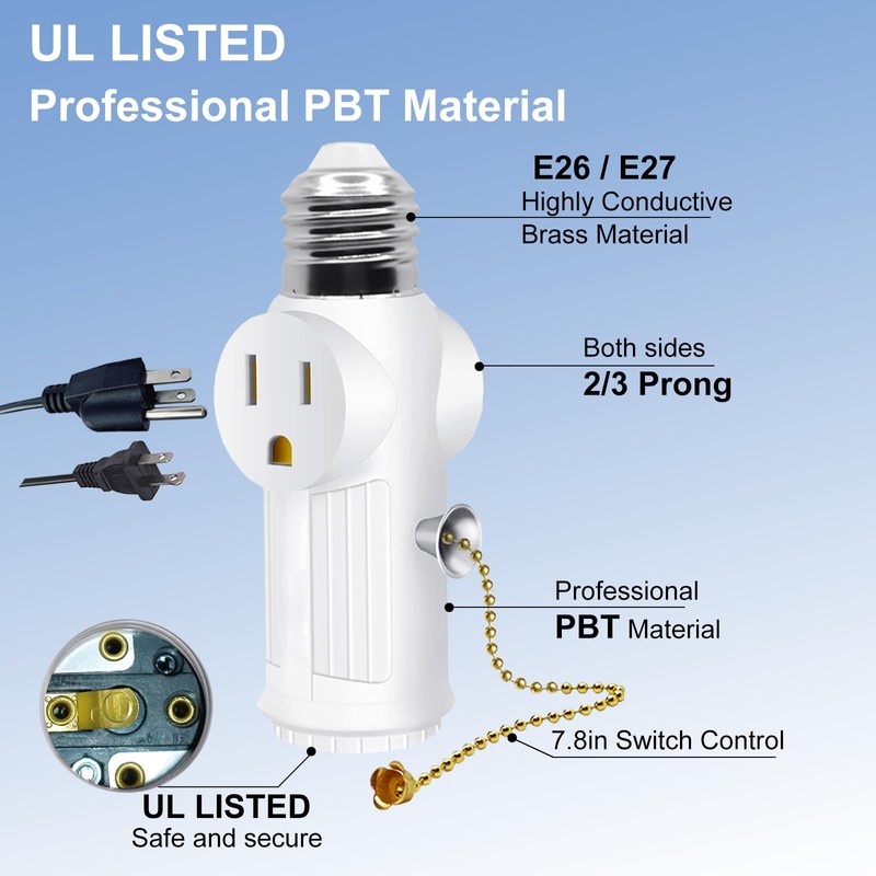 Light Socket Outlet Adapter,E26/E27 Light Bulb Outlet Socket Adapter,3 Prong
