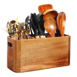 Kitchen Utensil Holder for Counter or Countertop, Extra Large Acacia Wood Organizer with 3 Compartments, Wooden Storage for Cooking and Silverware, Rustic Minimalist Decor, Sturdy Utensil Crock