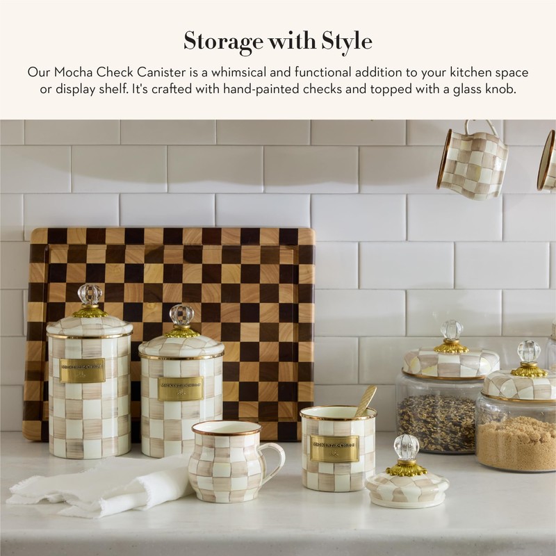 MACKENZIE-CHILDS Demi Enamel Canister, Kitchen Storage Container with Lid, Brown-and-White
