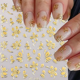 Gold Nail Stickers for Nails Art 3D Self-Adhesive Nail Decals Gold Hibiscus Flower and Leaf Pattern Decals Women's Nail Art DIY Decoration Accessories 6 Sheets