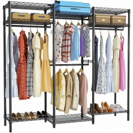 ROOMTEC Portable Closet Heavy Duty Clothes Rack Freestanding Wardrobe Closet Load 1000 LBS with Adjustable Wire Shelves, Hanging Rods, Hooks, 70.8" L x 15.1" W x 76.7" H, Black