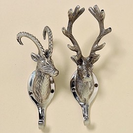 Set of 2 Straight Hooks Antlers Replica Deer Silver Holder Deer Skull