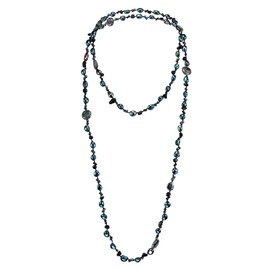 Versatile Long Mixed Cultured Freshwater Black Pearl and Stones Link Necklace