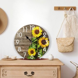 Naanle Stylish 3D Beautiful Sunflowers Vintage Wood Autumn Round Wall Clock, 9.5 Inch Battery Operated Quartz Analog Quiet Desk Clock for Home,Office,School