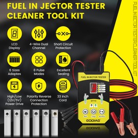 GODIAG Fuel Injector Tester Cleaner Kit, 8 Pulse Modes Injector Tester 6 Size Cleaning Adapters 12V/5V Output Power Drive, 4 Wire Dual Channel DIY Fuel Injector Cleaner Tools
