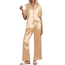 Ekouaer Silk Satin Pajama Sets for Women 2 Piece Pjs Short Sleeve Sleepwear Long Pants Set Notch Collar Nightwear Lounge Set,Khaki,S