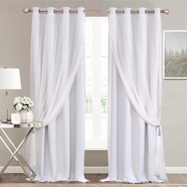 SOFJAGETQ Greyish White Blackout Curtains Set - Double Layers Voile Sheer Light Blocking Draperies with Tie-Backs for Bedroom Windows, 52 x 63 inches, Greyish White, 2 Pieces