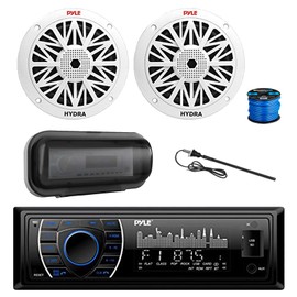 Pyle PLRMR27BTB Marine Bluetooth MP3 Radio Receiver, Radio Cover, 2X 6.5 200 Watt Peak Full Range 2-Way Waterproof Audio Speakers w/Wire, Long Range Antenna