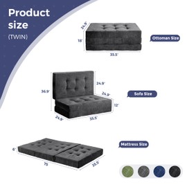 MAXYOYO Tri-Fold Mattress, 6 Inch Tufted Folding Mattress with Chenille Fabric, Portable Twin Size Floor Guest Mat for Adults, Foldable Topper for Camping, Dark Grey, 35.4"x75"