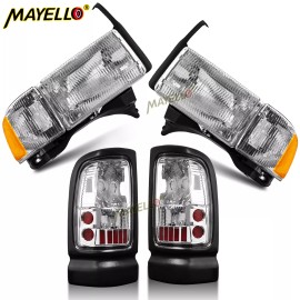 mayello 4PCS Fit 1994-2001 Dodge RAM 1500 2500 3500 Pickup Chrome Headlights+Tai