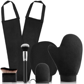 Tanning Mitt and Brush, 6 PCS Self Tanning Mit and Fake Tan Brush Set with 5 Tanning Mitt & 1 Tanning Brush, Velvet Material of Tanning Mitt Set, Washable And Reusable Tanning Brush for Body and Face