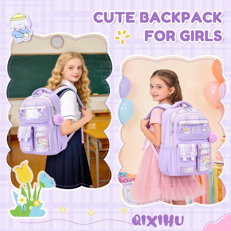 QIXIHU Kids Backpack for Girls, Bookbag for Elementary Students Kawaii