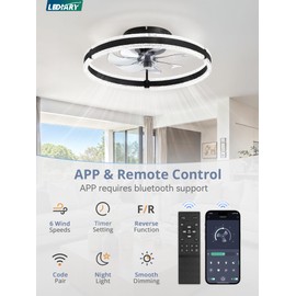 LEDIARY Ceiling Fans with Lights and Remote, 20'' Low Profile Ceiling Fan with Light, 3000-6000K Dimmable Fandelier Ceiling Fans, Modern Flush Mount Fan Light for Bedroom with 6 Wind Speeds- Black