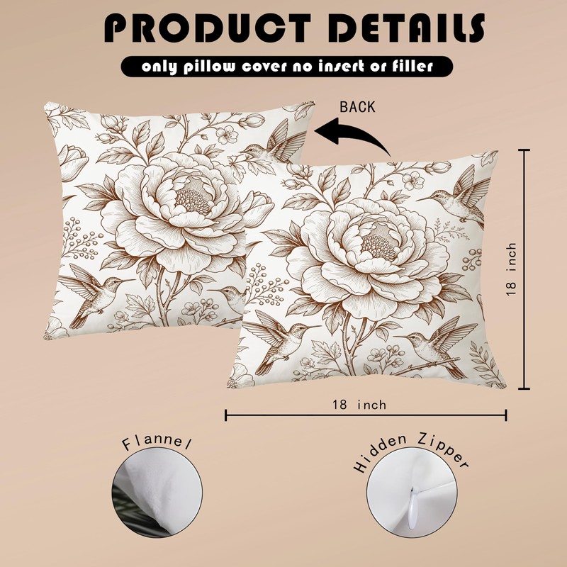 Vintage Peony & Hummingbird Pillow Cover 18x18 Inches